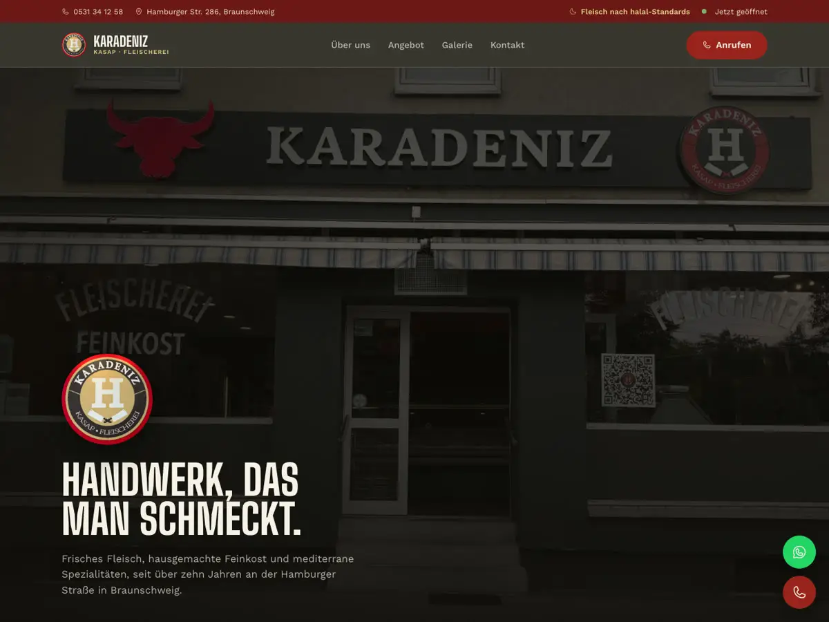 Startseite von Karadeniz: Ladenfront mit Stierkopf-Logo, Überschrift „Handwerk, das man schmeckt